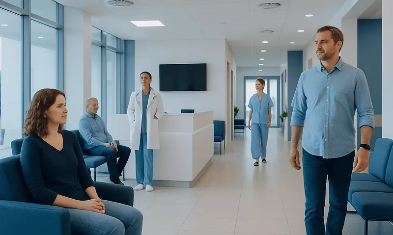 Patients and medical staff in a modern hospital waiting area.