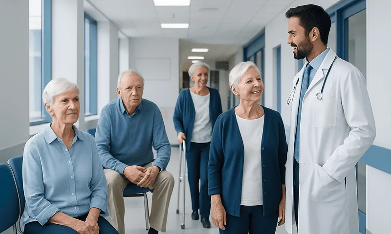 Doctor talking to elderly patients in a hospital corridor.