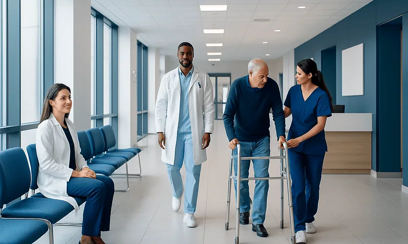 Elderly patient with walker receiving assistance from healthcare professionals in hospital corridor.