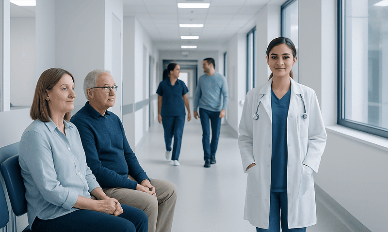 Medical consultation with doctor and patients in hospital corridor.