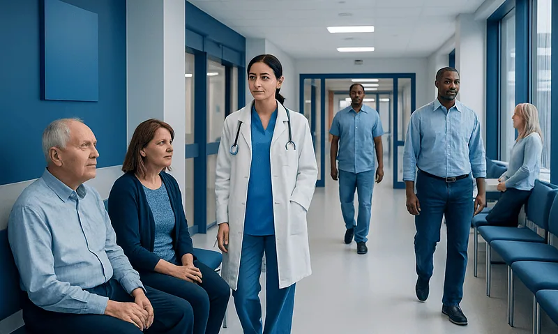 Healthcare professionals and patients in a modern hospital corridor.