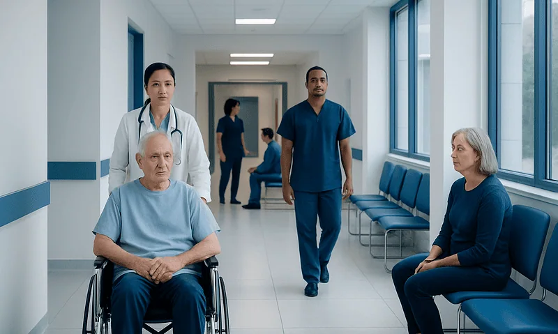 Hospital corridor with patients and medical staff in a modern healthcare facility.