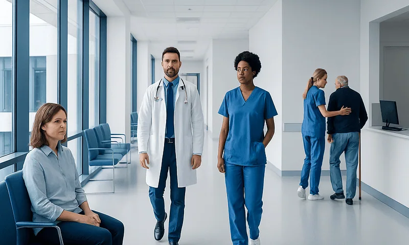 Medical staff and patient in a hospital corridor at Acibadem Hospitals Group.