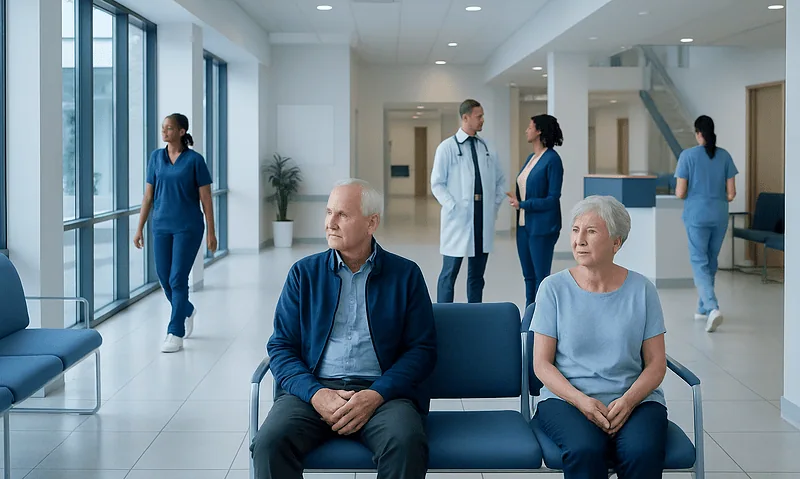 Patients waiting in a hospital corridor with medical staff in the background.