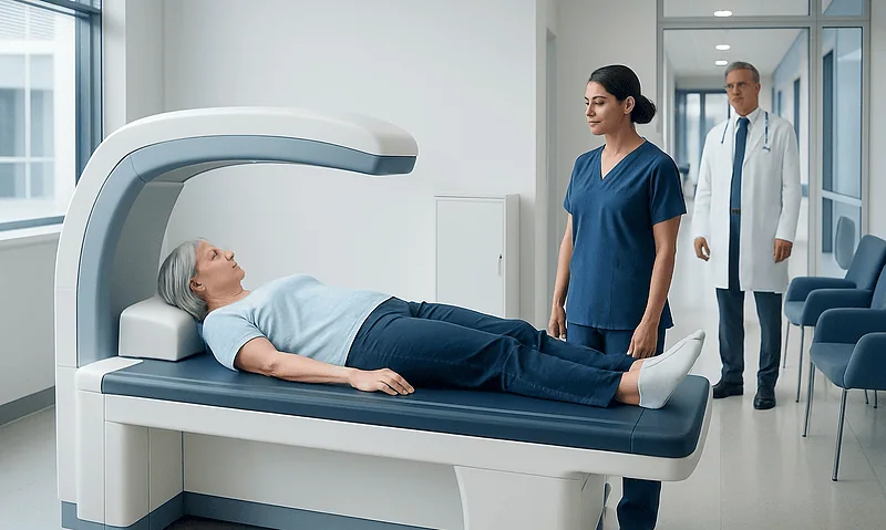 Patient undergoing bone density scan at Acibadem Hospital.