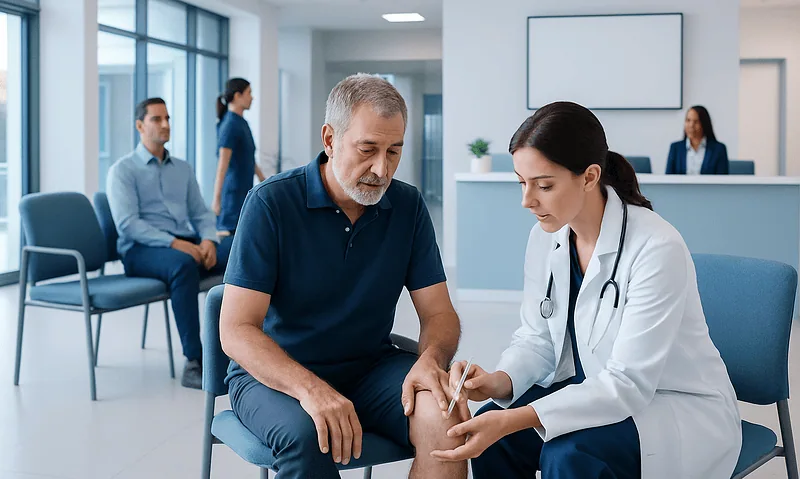 Doctor examining patient's knee in a modern hospital setting.