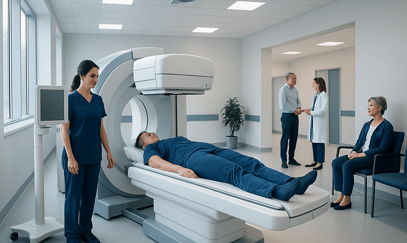 Patient undergoing a bone scan in a modern hospital setting.