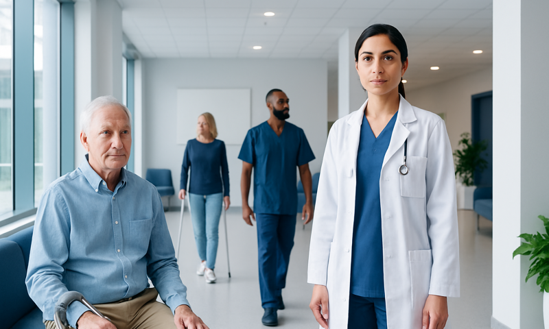 Medical team with patient in hospital corridor, healthcare professionals in scrubs and a doctor in a.
