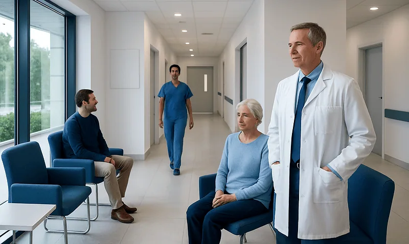 Medical consultation in a modern hospital corridor with doctor and elderly patient.