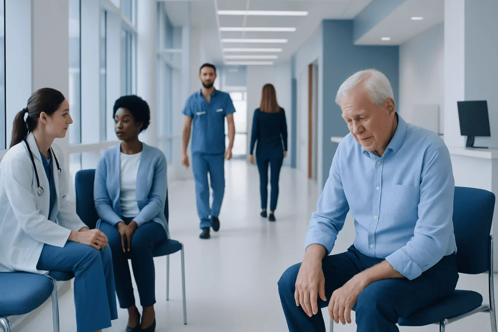 Bone and Joint Pain Without Injury: Common Causes Explained 1 Elderly man experiencing joint pain in a hospital corridor with medical staff.