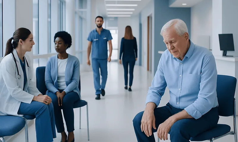 Bone and Joint Pain Without Injury: Common Causes Explained 18 Elderly man experiencing joint pain in a hospital corridor with medical staff.