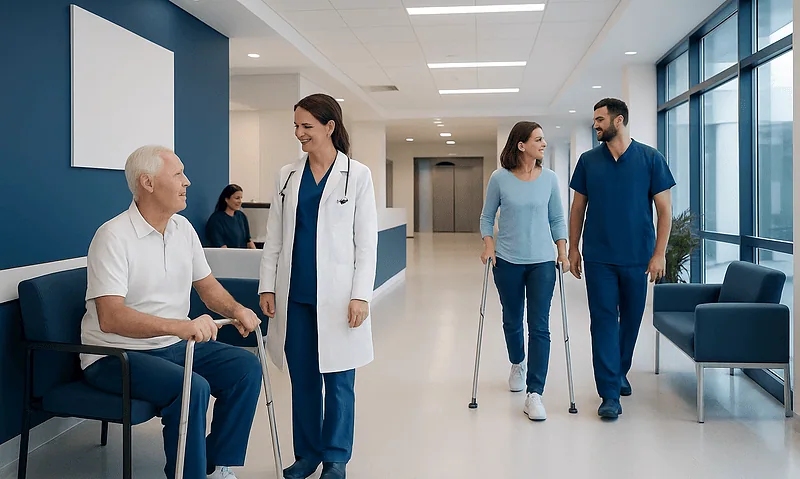 Joint Replacement in Turkey: Cost Factors, Hospital Choice, and Follow-Up 15 Patients and medical staff in a modern hospital corridor.