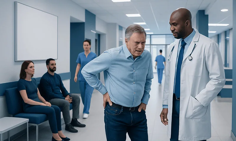 Herniated Disc Symptoms: When Back or Leg Pain Needs Spine Evaluation 13 Doctor examines patient with back pain in hospital corridor.