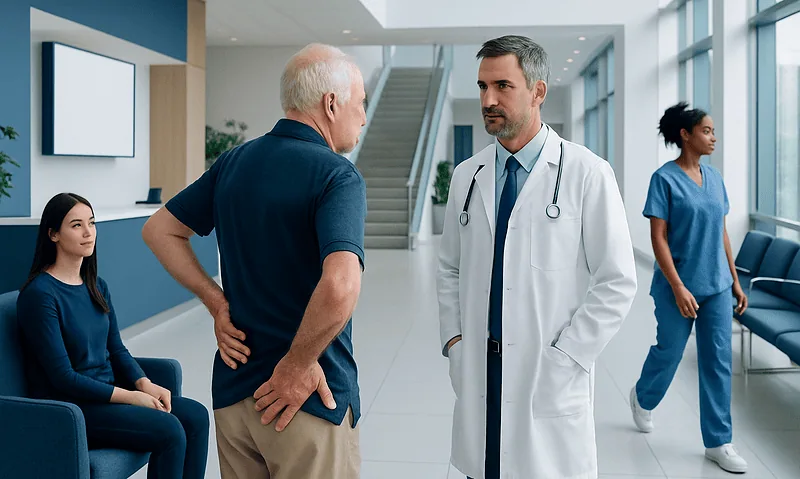Spinal Stenosis: Early Symptoms, Diagnosis, and Treatment Options 14 Doctor consulting with an elderly patient in a hospital corridor.