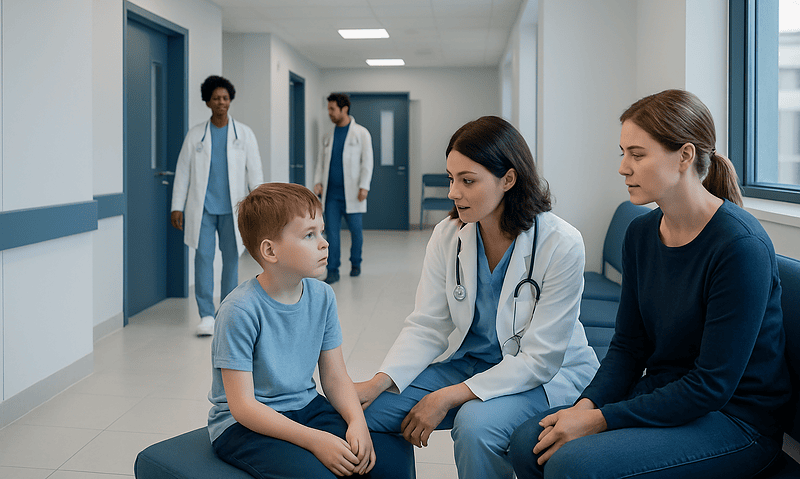 Bone and Joint Pain in Children: When Growth Pains Are Not the Cause 13 Pediatric consultation at Acibadem Hospital with doctor and parents.