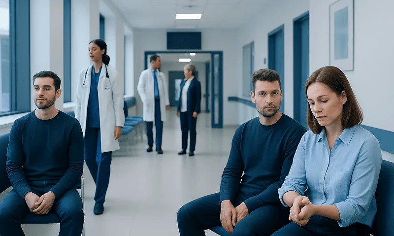 Carpal Tunnel Syndrome: Night Numbness, Diagnosis, and Treatment Options 10 Patients waiting in a hospital corridor with medical staff in the background.