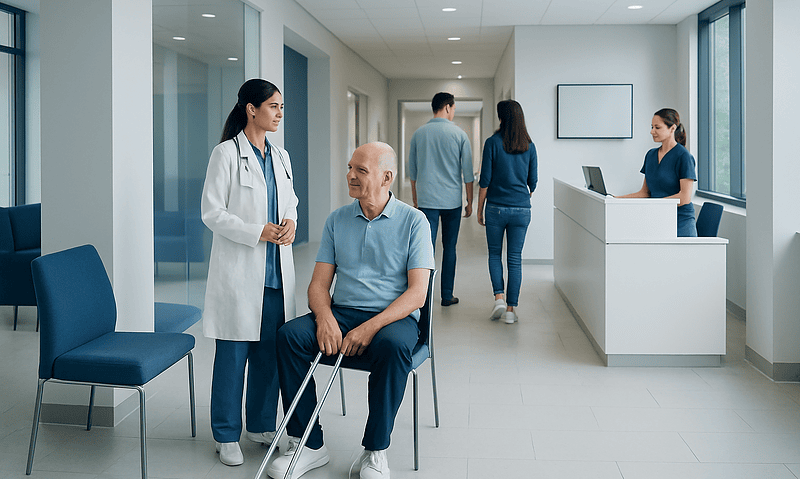 Joint Replacement in Turkey: Hospital Quality, Travel Planning, and Follow-Up 7 Patient consulting with doctor in modern hospital corridor.