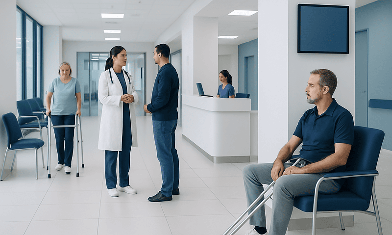 Orthopedic Surgery in Turkey: Hospital Quality, Travel Planning, and Follow-Up 6 Patients and medical staff in a modern hospital waiting area.
