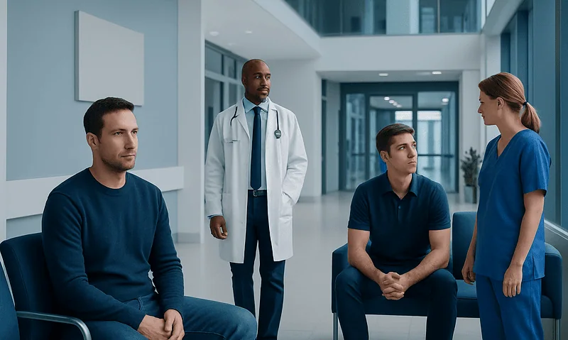 Men waiting in a hospital corridor for mental health consultation.