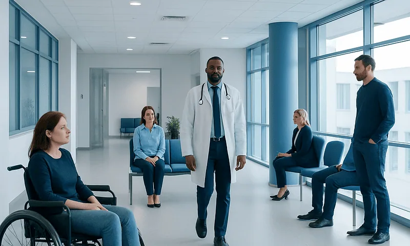 Doctor consulting with patients in a hospital corridor.