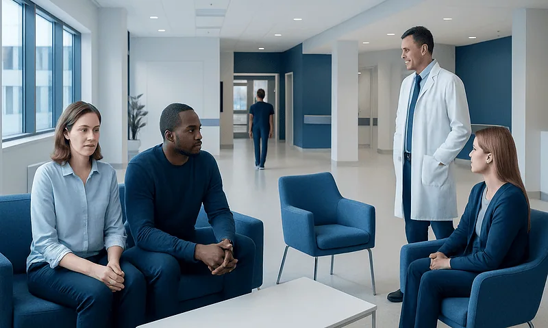 Medical professionals and patients in a hospital waiting area.