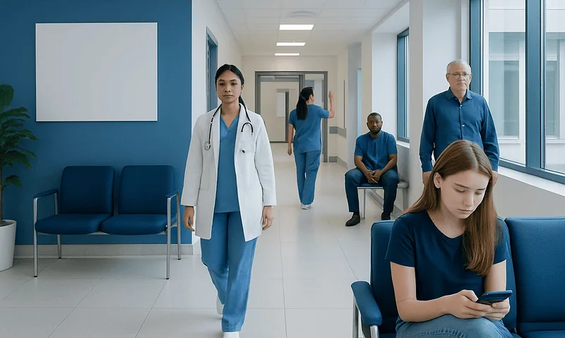 Medical staff and patients in a hospital corridor with large windows.