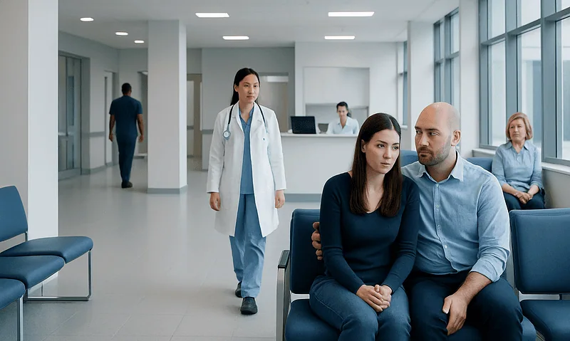 Patients waiting in a hospital corridor with medical staff present.
