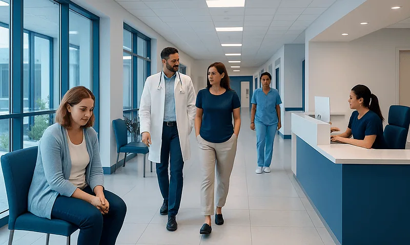 Medical professionals and patient in hospital corridor at Acibadem Hospitals Group.