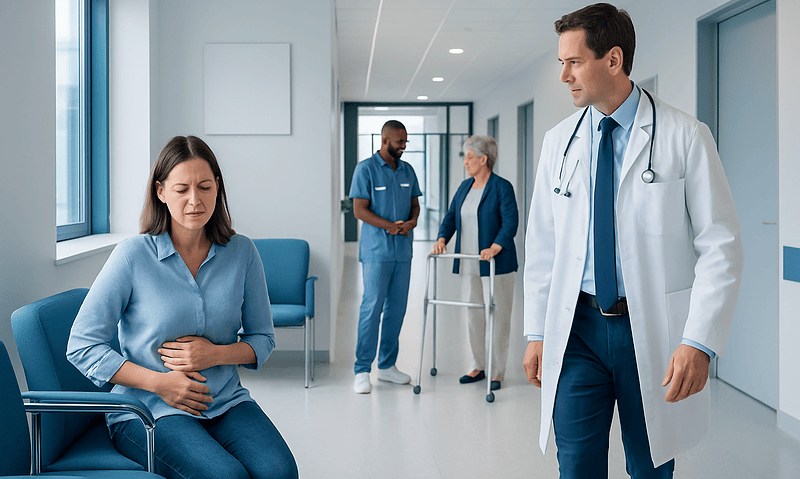 Patient experiencing stomach pain in hospital corridor with doctors nearby.