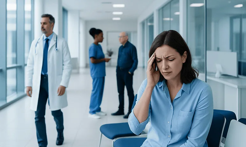 Woman with headache in hospital corridor with doctors and nurse in background.