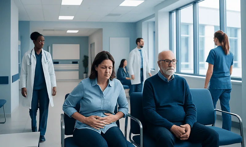 Patients waiting in a hospital corridor with medical staff nearby.