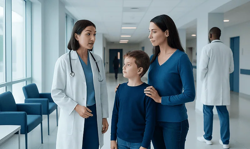 Childhood Epilepsy Surgery Evaluation: When Seizures Need More Than Medication 11 Doctor consulting with mother and child in hospital corridor.