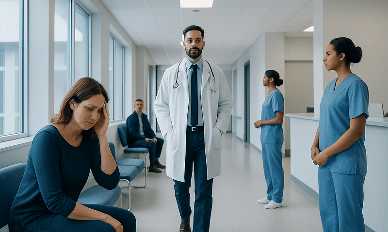 Doctor consulting a patient in a hospital corridor with medical staff nearby.