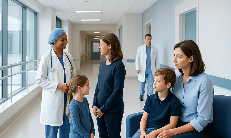 Pediatric Epilepsy Surgery: When Is It Considered? 10 Pediatric epilepsy consultation in a hospital corridor with medical staff and children.