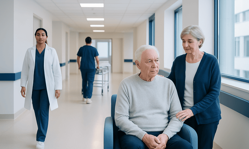 Elderly patient with caregiver in hospital corridor at Acibadem Hospitals Group.