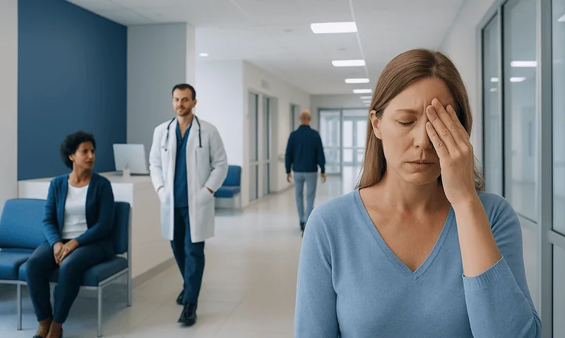Woman with headache in hospital corridor, healthcare professionals in background.