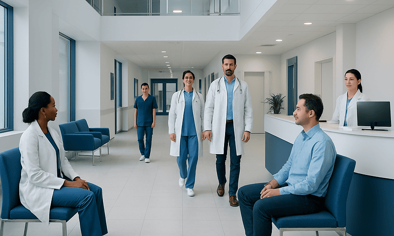 Medical team in hospital corridor with patients and staff.