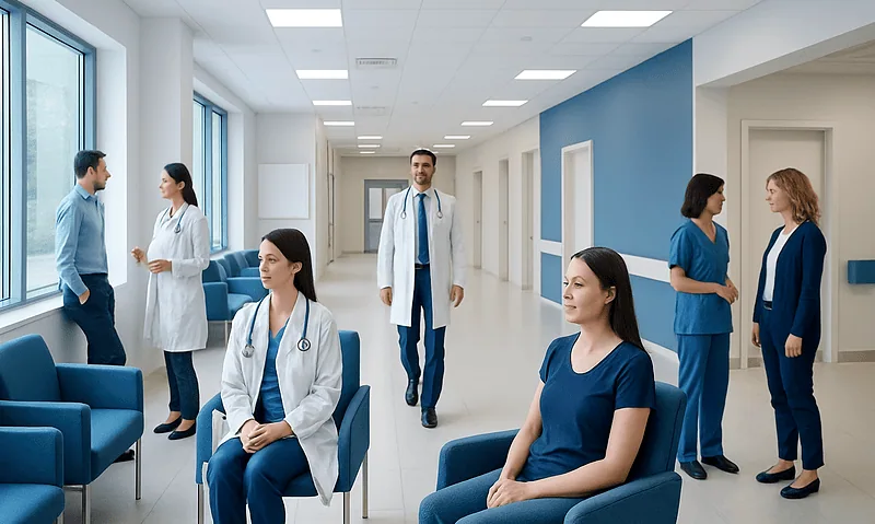 Health Library 2 Medical team in hospital corridor with patients and staff at Acibadem Hospitals Group.