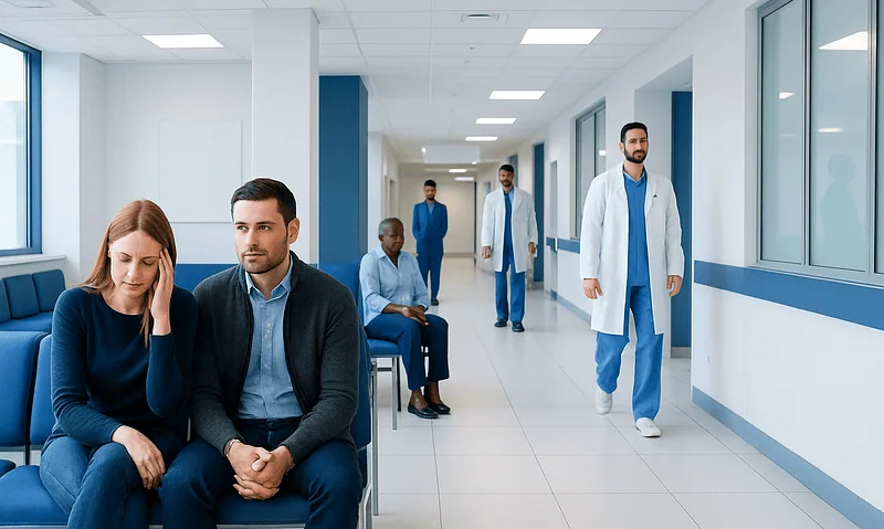 Medical staff and patients in a hospital corridor at Acibadem Hospitals Group.