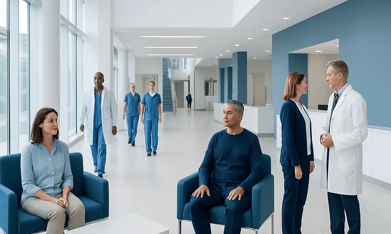 Patients waiting and medical staff in a modern hospital corridor.