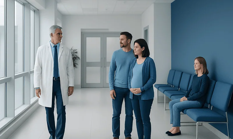 Doctor consulting with a couple in a hospital corridor.