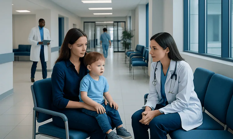 Delayed Speech With Motor Problems: When Children Need Neuropediatric Assessment 18 Child with mother consulting a pediatric neurologist in hospital corridor.