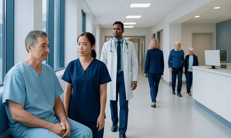 Medical team and patient in hospital corridor at Acibadem Hospitals Group.