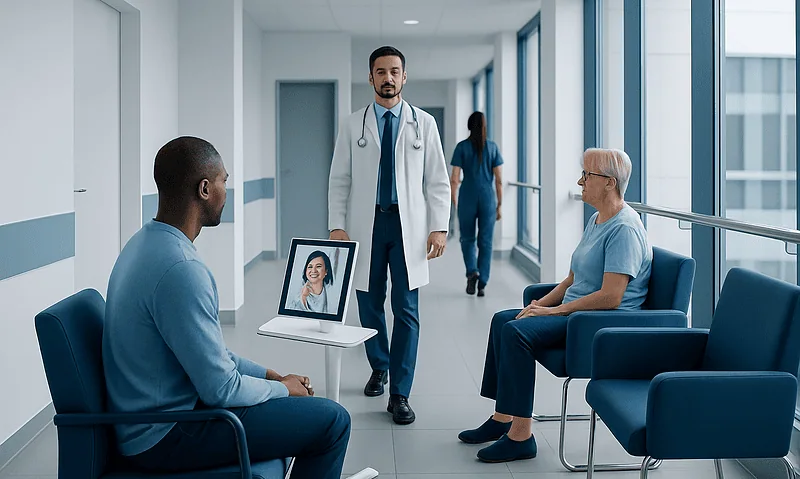 Remote Patient Monitoring: What It Is, How It Works, and Who May Benefit 11 Doctor consulting with elderly patient via telemedicine in hospital corridor.