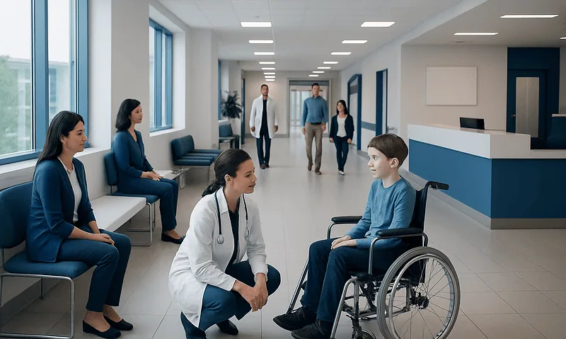 Pediatric Neuromuscular Disorders: Early Signs Parents Should Not Ignore 1 Pediatric neuromuscular consultation in a hospital corridor with medical staff and a young patient.