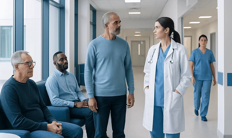 MRI Fusion Prostate Biopsy: Why Targeted Sampling May Improve Diagnosis 1 Doctor consulting with patients in a hospital corridor.