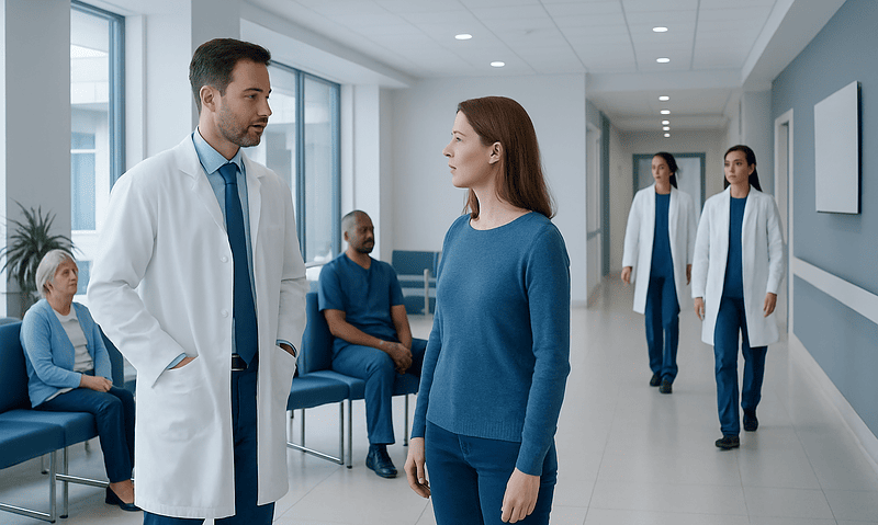 Proton Therapy vs Standard Radiation: How the Treatments Compare 5 Doctor consulting a patient in a hospital corridor with medical staff in the background.