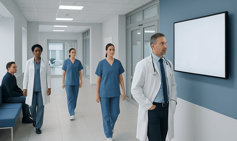 Smart Hospital Technology: How Connected Systems May Improve Patient Care 8 Medical team in hospital corridor with digital screen for patient care.