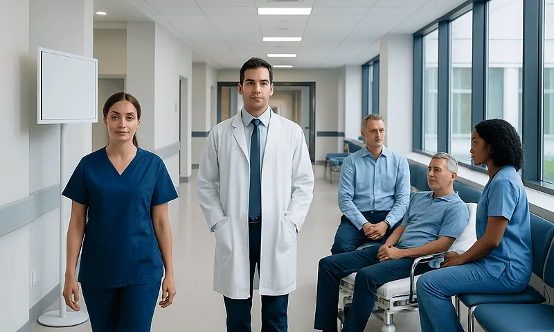 Medical team in hospital corridor with doctors and nurses.