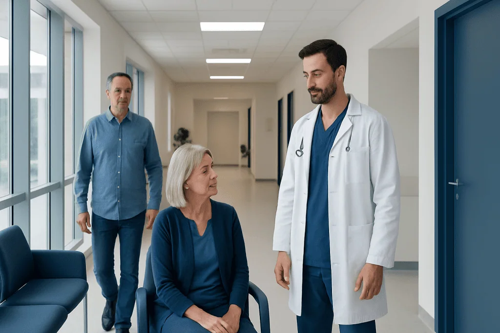 Endovascular Treatment for Brain Aneurysms: Coiling, Flow Diversion, and Stents 1 Doctor consulting with a patient in a hospital corridor.